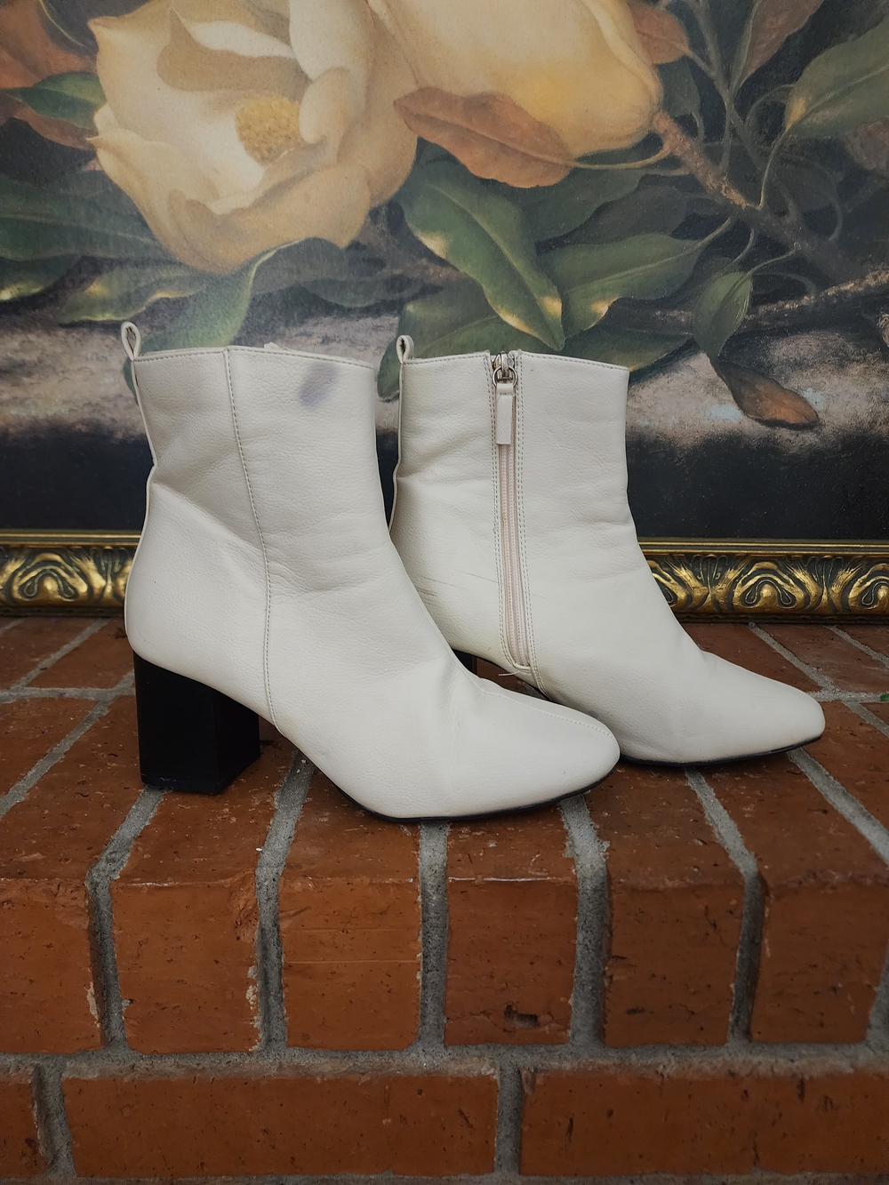 White Leather Women's Block Heel Ankle Boots